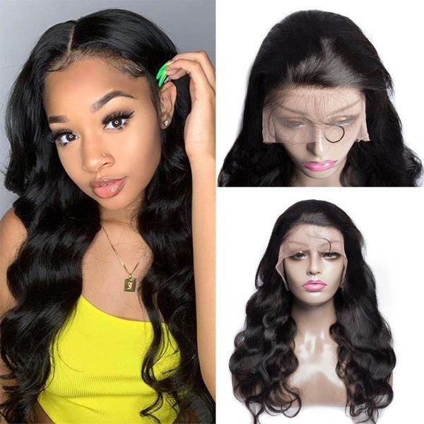 

lace wigs brazilian natural color 13x4 body wave front remy wig human hair, Black;brown