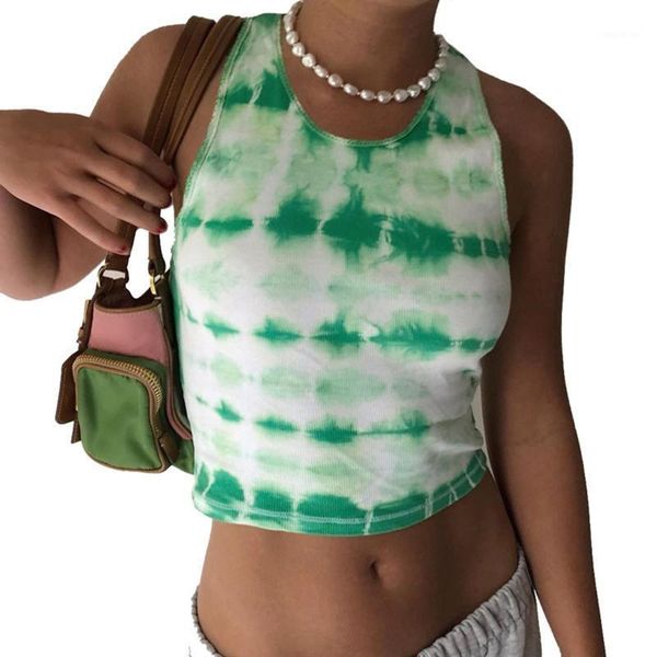 

yoga outfits women tie dye print vest sleeveless round neck crop summer casual style clothes1, White;red