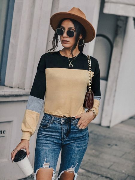 

color-block drawstring hem sweatshirt n6ap#, White;black