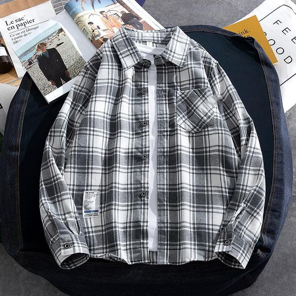 

new fashion plaid shirt jacket men's full length sleeved korean style version trend student casual youth japanese clothing, White;black