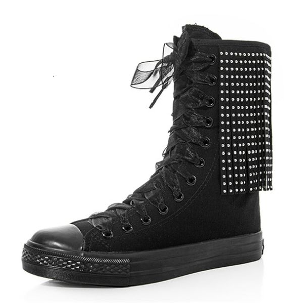 

2021 new springtime female high autumn tarp casual comfortable black crystal borlas mid calf flat boots mujer size 34-43 6ot3