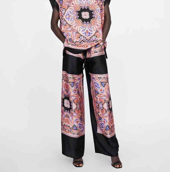 

vintage cashew floral print contrast color straight pants pockets high elastic waist tied bow fashion women trousers pants, Black;white