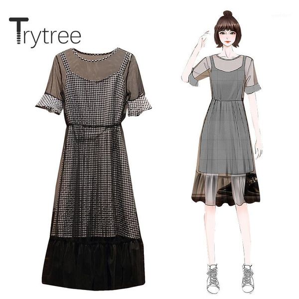 

trytree 2020 summer women two piece set casual o-neck mesh a-line dress + sling dress plaid mini fashion set 2 piece1, White