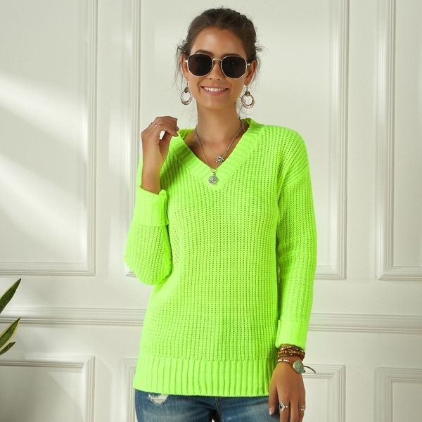 Neon Kazak Kadın Örgü Yeşil Fuşya Pembe Katı V Yaka Kazaklar Uzun Rahat Gevşek Akrilik Örgü Gömlek Kadın Jumper Tops 201030