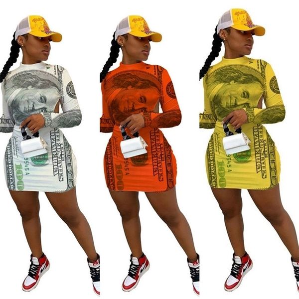 

2021 spring autumn women banknote print low back dress designer fashion casual halter round neck slim long sleeve mini dresses hh12004, White