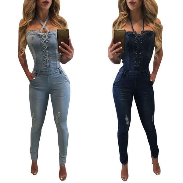 

women's lace cut out neck off shoulder small feet stretch denim jumpsuit, Blue