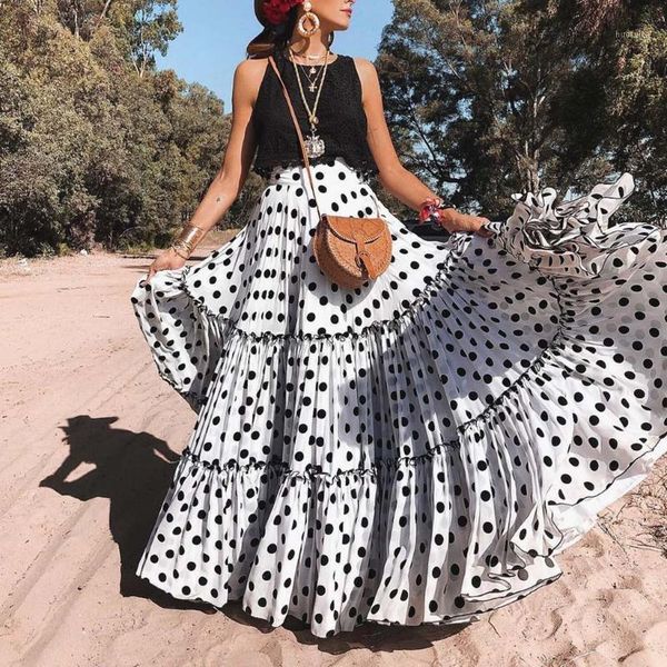 

women high waist polka dot printed skirt loose ruffled pleated skirt clothing female jupe femme womens faldas summer 20201, Black