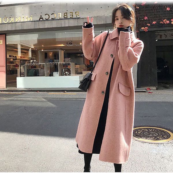 

autumn winter cashmere women's 2020 mid-length thick lapel loose woolen female wool coat casual stitching outwear e272, Black