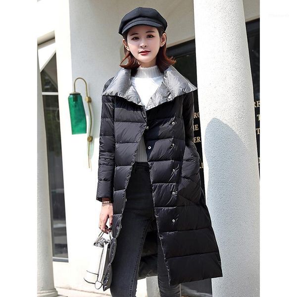 

women double sided down parka jacket winter long turtleneck 90% white duck down coat ms double breasted warm parkas snow outwear1, Black