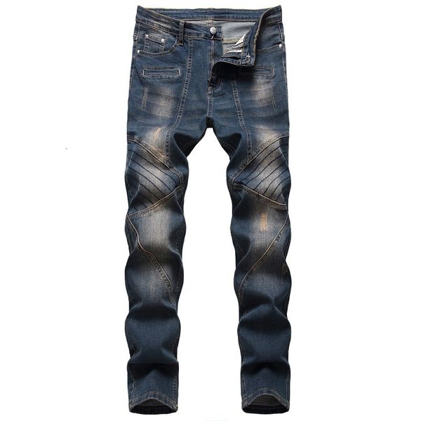 

2021 new denim bike hole straight jeans oversize 38 40 42 autumn hip hop punk rock streetwear trouers hiav, Blue