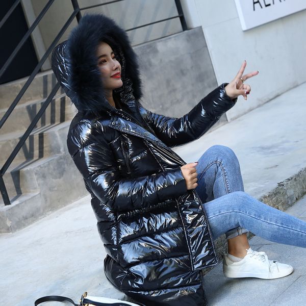 

2019 winter new shiny coat female slim fit long down thick fur collar hooded jacket, Black