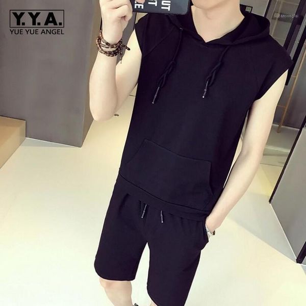 

mans fashion clothes suit sleeveless solid pullover hooded packets casual t-shirt shorts for men comfortable half pants sets1, Gray