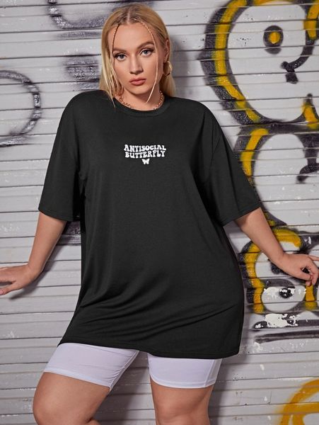 

plus letter & butterfly print drop shoulder tee c99v#, Black