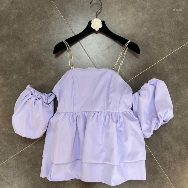 

2020 new summer fashion diamonds shoulder strap pull shoulder puff sleeve loose solid color shirt women k0851, White