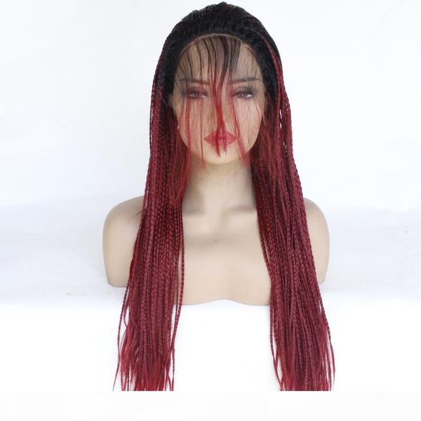 

red synthetic braided wigs for black women heat resistant fiber micro ombre braid hair lace front wig red color with baby hairs