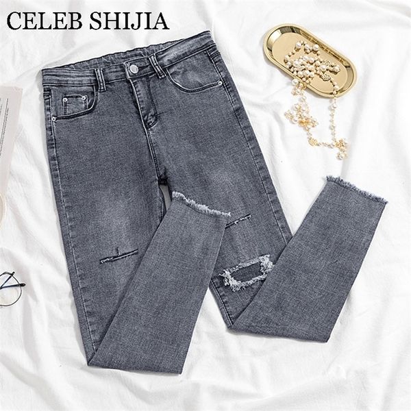 

2020 jeans female denim pants hole korean fashion buttom womans pencil pants gray denim elastic trousers for ladies donna lj201126, Black;white