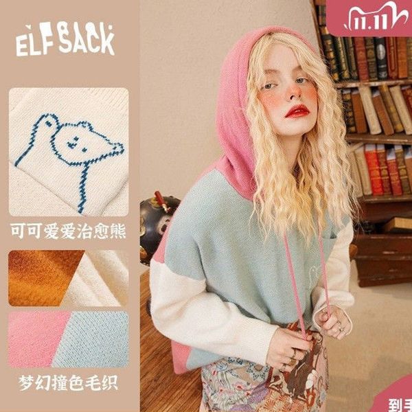 

2021 new womens colorblock design wool cashmere hoodie long sleeve boyfriend pockets pullovers 44df, Black