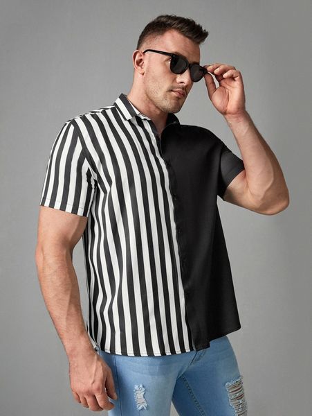 

extended sizes men striped print shirt r7dl#, White;black