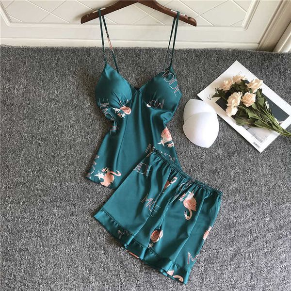 

flamingo print women pajamas sets sleepwear 2pcs satin lace sleeveless pijama mujer summer pyjamas lingerie homewear, Black;white