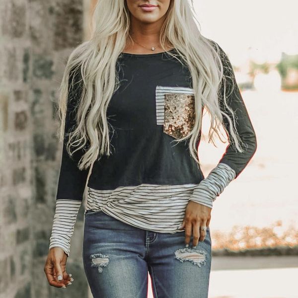 

#z20 fashion womens t shirt o-neck long sleeves stripe sequins splicing t-shirt easy woman plus size tshirt camiseta mujer, White