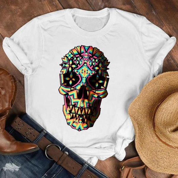 

women lady floral skull horror summer autumn fall fashion shirt clothes womens female print t tshirt tee graphic t-shirt, White