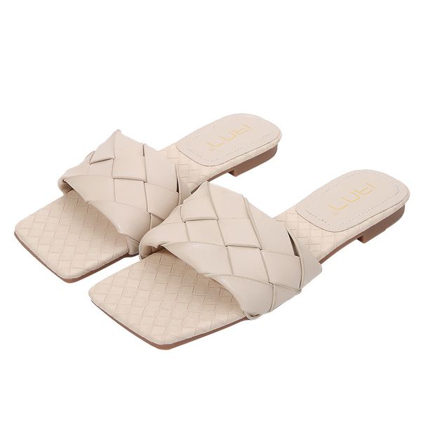 

2021 new women's straight heel, woven square head line big size 41-43 broad summer slippers 4es8, Black