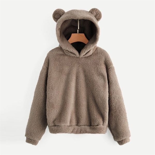 Hoodies fofos Mulheres Kawaii Suéter Bonito Urso Orelha Tampão Outono Inverno Quente Pulôver de Manga Longa Outwear Coat Moletom LJ201103