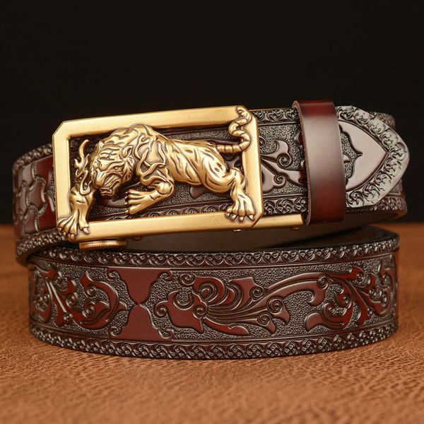 

new tiger automatic buckle genuine cowhide personalized carved casual men's zodiac belt, Black;brown