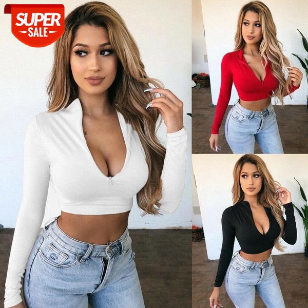 

women long sleeve crop v neck zip bandage t-shirt summer fall slim fitness bodycon casual solid party streetwear #wi1o, White