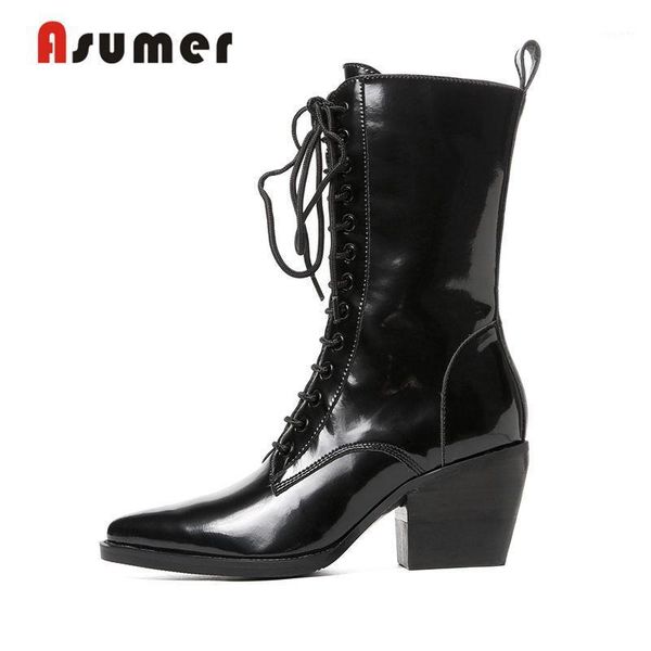 

asumer 2020 new women autumn black boots simple pointed toe mid calf boots unique popular classic thick heels1