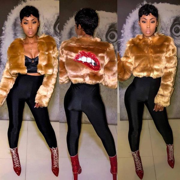 

women's fur & faux 57b9142 winter women casual fashion streetwear and artificial sequins patchwork crop with lining, Black