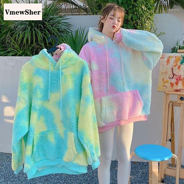 

vmewsher new tie dye oversized women hoodie faux fur lamb colorful kawaii loose streetwear sweatshirts hooded casual pullovers1, Black