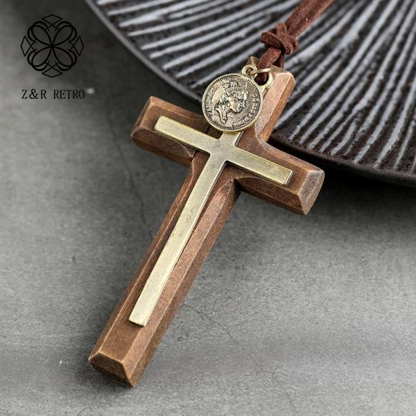 

pendant necklaces vintage wooden cross long necklace for women chunky chain handmade pendants retro accessories jewelry wholesale party gift, Silver