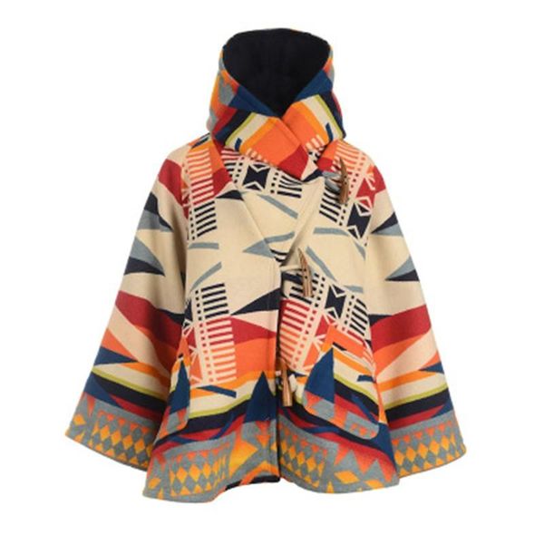 

2020 autumn winter women's clothing new long-sleeved hooded coat printed woolen coat, Black