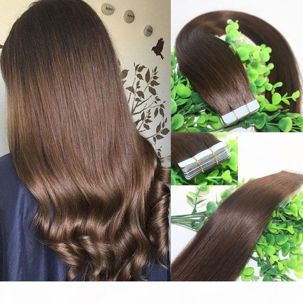 

tape in human hair extensions medium brown #4 40pcs 100gram remy tape hair extensions skin weft thick end, Black