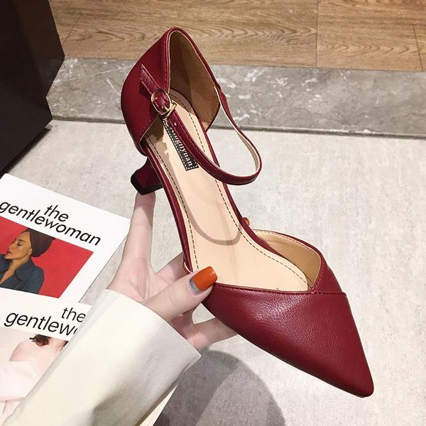 

2021 new size35-40 women's pumps pointed toe pu leather high heels ankle strap ladies party wedding shoes zapatos de mujer, Black