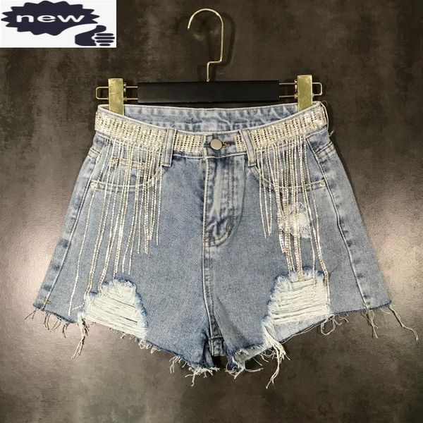 

summer women rhinestones tassels short jeans hole ripped denim slim kpop ladies crystal waist mini jean shorts, Blue