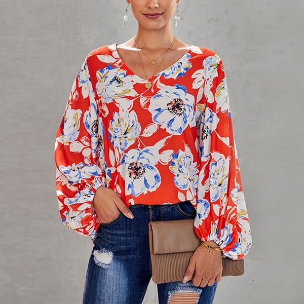 

2021 new spring autumn female with low-necked v-lantern printing blouse fashion women's shirt streetwear mjx0, White