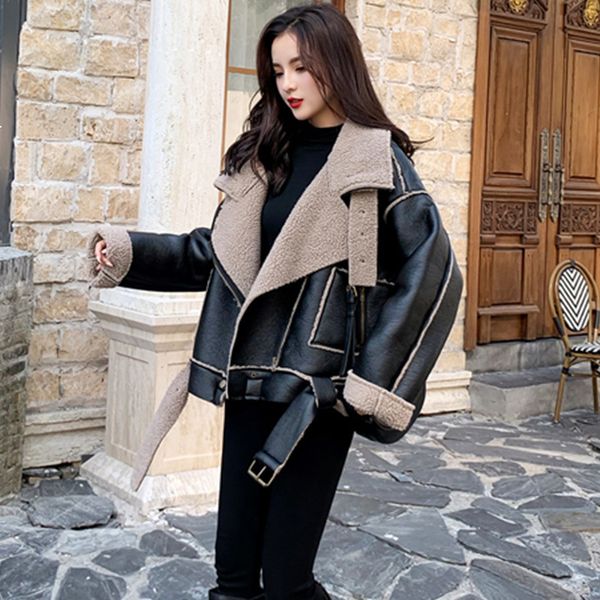 

2021 new motorcycle leather of warm women's zipper new korean loose wild lamb bomber hair jacket 16q aj5z, Black