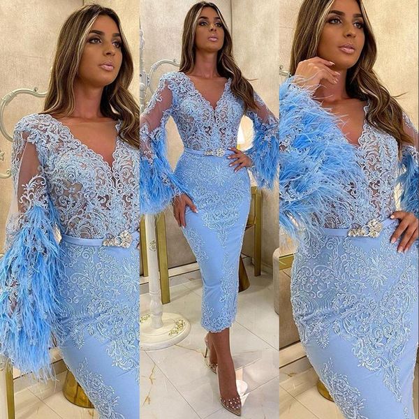 

sky blue arabic aso ebi evening dresses wear for women v neck long sleeves feather lace tea length formal prom dress party gowns3048, Black;red