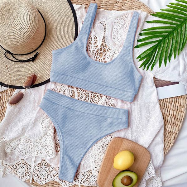 

ingaga 2020 bikini set high waist swimsuit female solid ribbed swimwear women biquini bathing suits push up two-pieces bikinis y1120, White;black