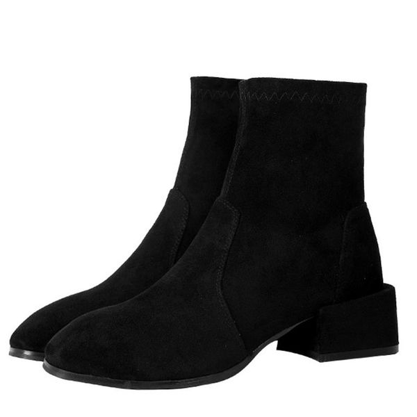 

winter plus velvet square toe mid-heel nude boots ladies flocking thick heel suede ankle boots ladies spring and autumn black