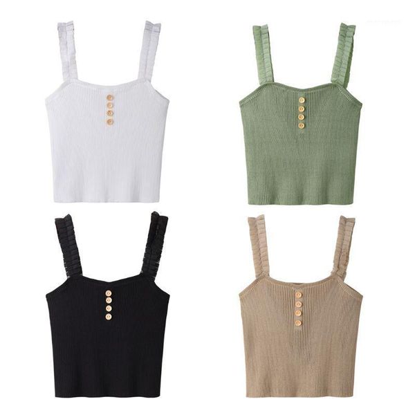 

women summer sleeveless tank ruffles wide straps ribbed knitted camisole plain solid color buttons decor slim vest1, White