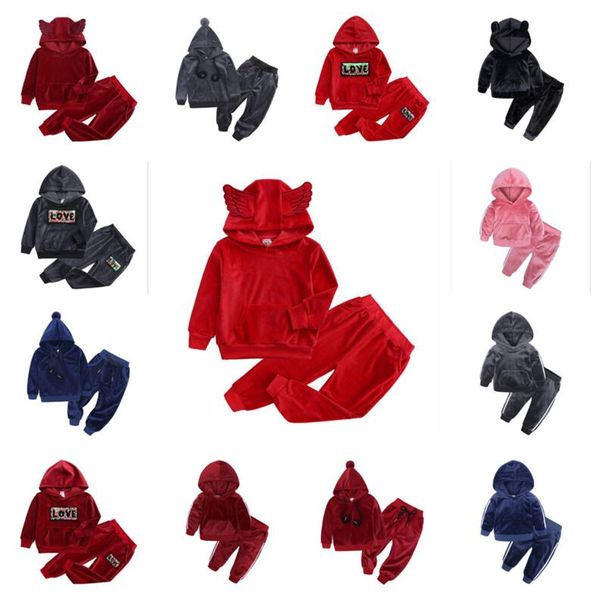 

80-140cm children pleuche tracksuit two piece velvety outfits boys girls pullover hoodie hooded and legging pants kids clothing g10509, White