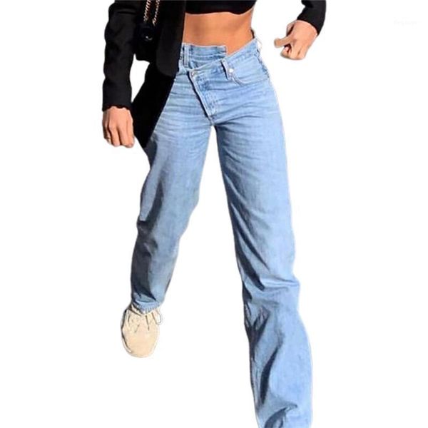 

lady straight leg jeans fashion asymmetric waist high waist jeans 90s casual denim pants streetwear summer autumn new1, Blue