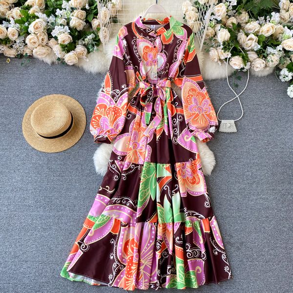 

2021 new design maxi impression woman puff button the line dressed bohemian autumn vacation dress long 0are, Black;gray
