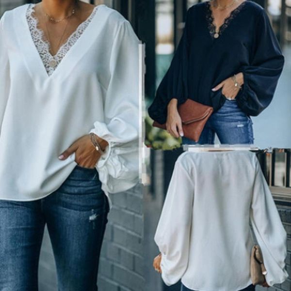 

autumn elegant white lace chiffon blouse long sleeve women v-neck fashion shirts solid black plus size office work