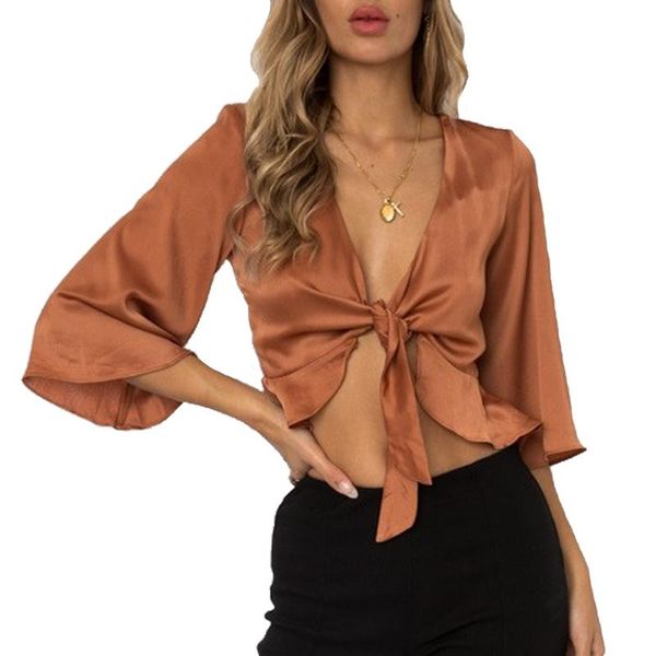 

cropped cropped feminino chiffon silk women bow sashes v neck, White