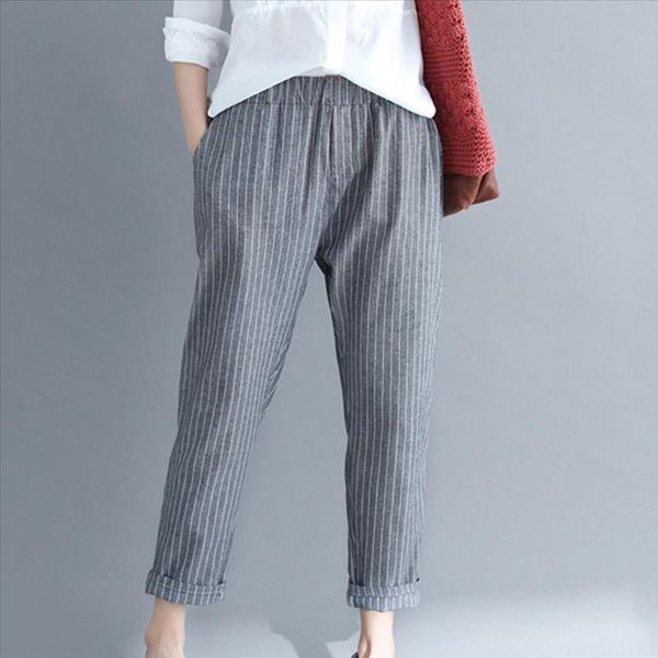 

pants women casual stripe cotton linen pant loose trousers solid color elastic band harem plus size capri pants high quality, Black;white