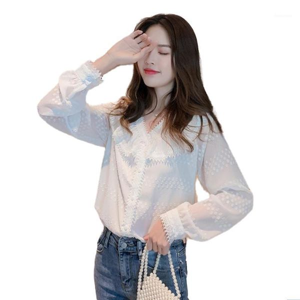 

women's spring autumn style chiffon blouse shirt women's button v-neck solid color long sleeve lace casual sp9691, White
